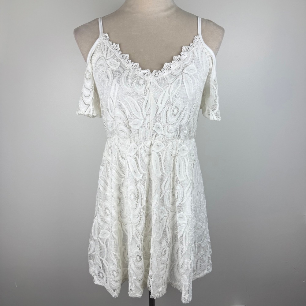 Charlotte Russe White Floral Lace Boho Cold Shoulder Mini Dress Romantic Size XS